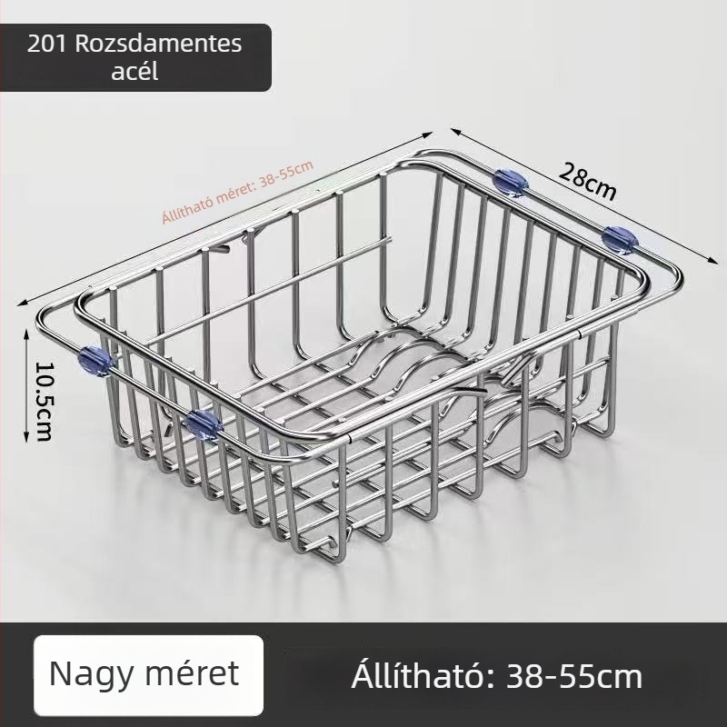 Rozsdamentes acél mosogató leeresztő kosár, teleszkópos konyhai tároló