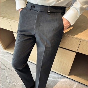 Férfi téli slim-fit nadrág, 2025, magas minőségű pamutkeverék anyag, láthatatlan derékszeg, beépített csúszásgátló csík és fém díszítés