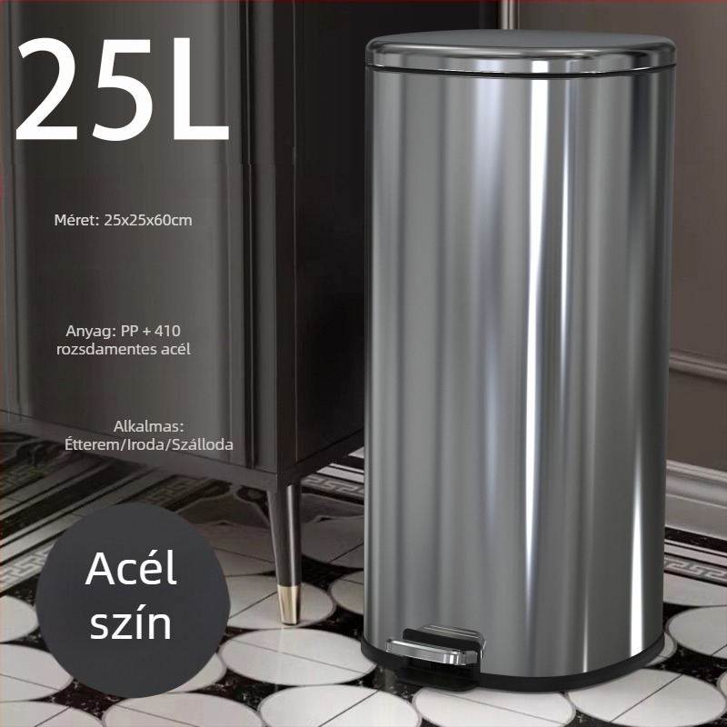 25 literes rozsdamentes acél konyhai szemetes pedálos fedéllel, halk működés, kereskedelmi és háztartási használatra