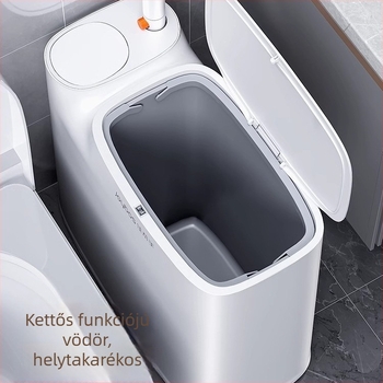 Minden az egyben fürdőszobai készlet: 8 literes műanyag szemetes, WC-kefe és fedeles vécépapírtartó.