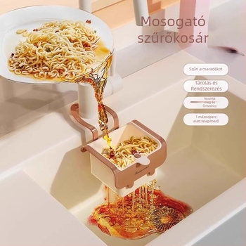 Mosogatóba illő leeresztő kosár és többfunkciós tárolóállvány fürdőszobához