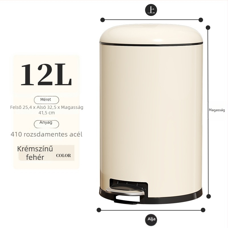 Double Art szemetes rozsdamentes acél krém színben pedálos nyitással és fedéllel, otthoni használatra – nappali és konyha, 12 L