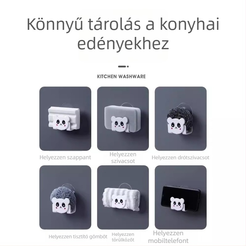 Rajzfilm-stílusú konyhai szivacs- és rongytároló szívókorongos rögzítéssel