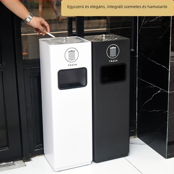 Kereskedelmi célú rozsdamentes acél szemetes, beépített hamutartóval, álló kivitel hotel-lobbihoz, liftnél, nagy kapacitású 12 liter