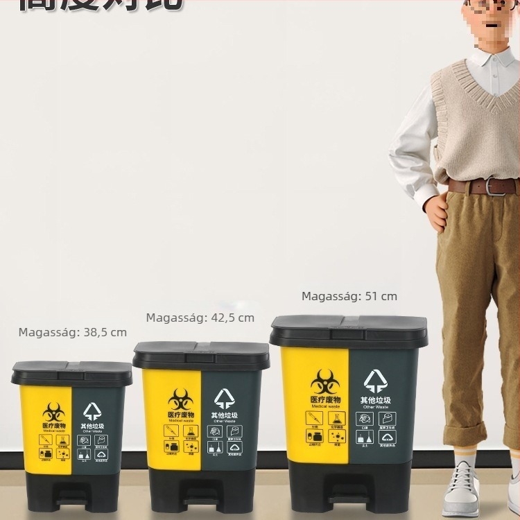 Kétkamrás orvosi hulladék kuka pedállal és fedéllel, sárga, kórházak és közterületek számára