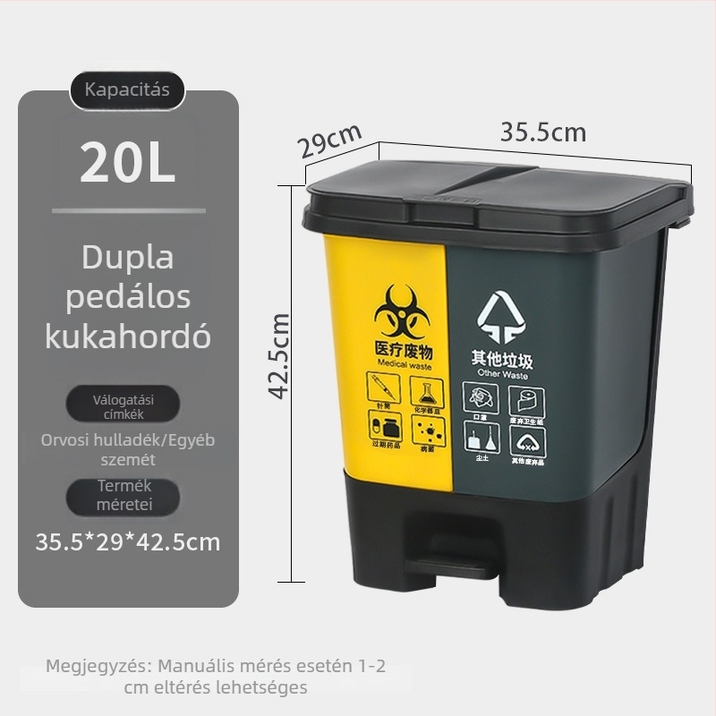 Kétkamrás orvosi hulladék kuka pedállal és fedéllel, sárga, kórházak és közterületek számára