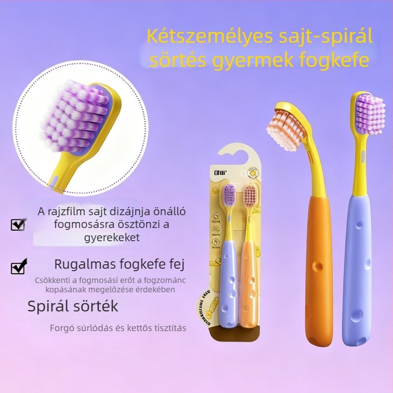 Gyerekeknek készült sajt alakú fogkefe, 2 darabos csomag, spirálisan csúszásmentes fogóval, puha sörtékkel, 6–12 éveseknek