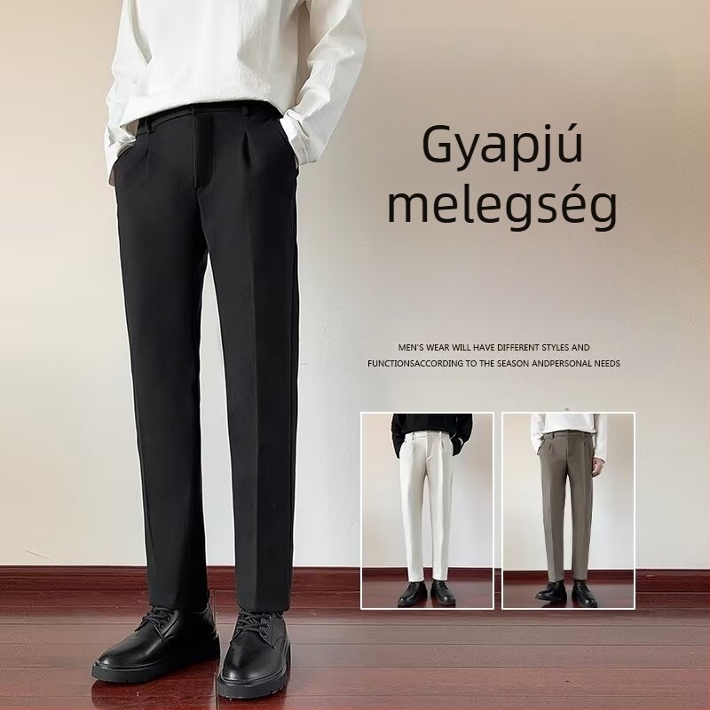 Őszi férfi nadrág, egyenes szabású, laza esésű anyagból, cropped hosszúságú, trendi széles szárú, hétköznapi viselet.
