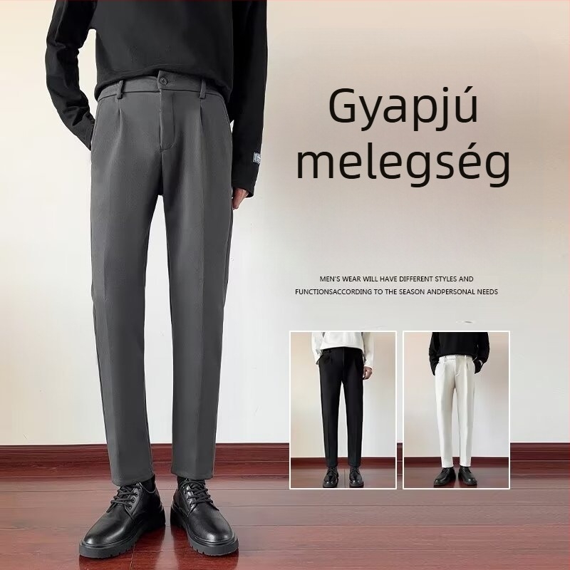 Őszi férfi nadrág, egyenes szabású, laza esésű anyagból, cropped hosszúságú, trendi széles szárú, hétköznapi viselet.