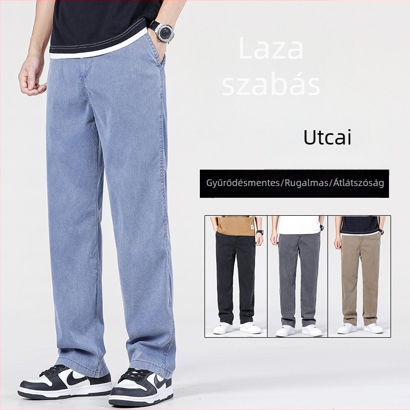 Férfi Tencel nyári casual nadrág, laza szabás, egyenes, hosszú, amerikai stílusú széles szárú