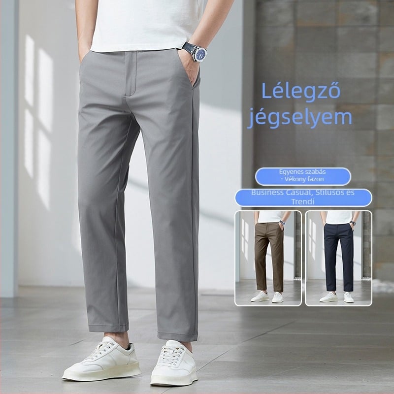 Férfi nyári cropped egyenes szabású nadrág, könnyű pamut, üzleti casual viselet, gyűrődésálló
