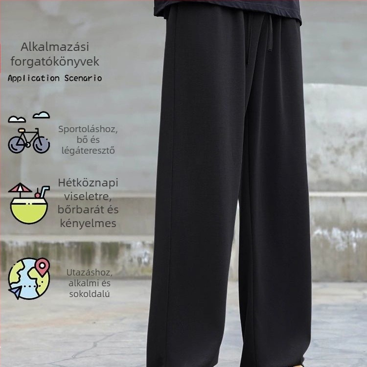 Férfiak számára készült ice silk nadrág nyárra: vékony, lazán, sokoldalú, drapált esésű, széles lábszárú, hosszú, casual.