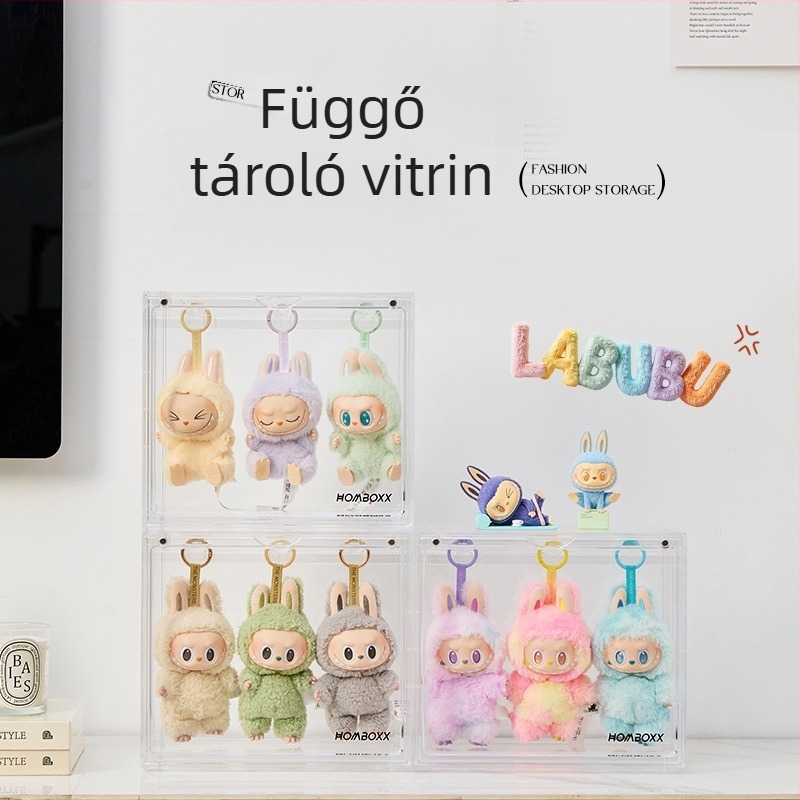 Labubu függő tároló doboz – átlátszó vitrin, egymásra rakható, plüssfigurákhoz