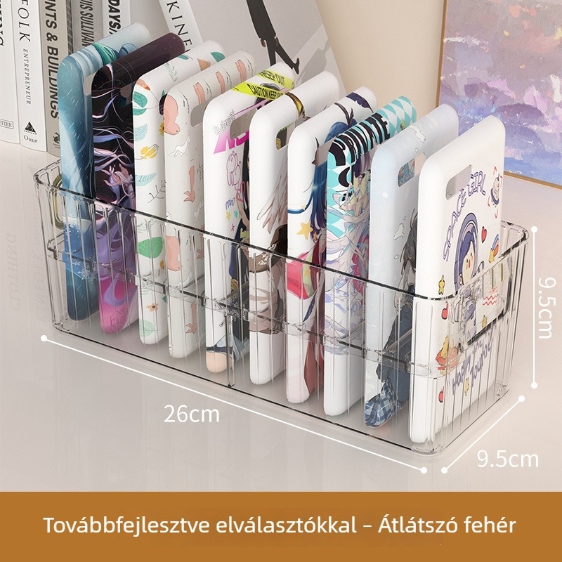 Akril asztali rendező doboz rekeszekkel – átlátszó, porálló tároló telefontokokhoz és kisebb tárgyakhoz