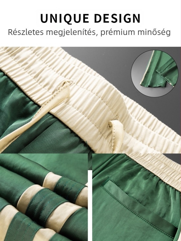 Férfi nyári, könnyű, acetát szálból készült nadrág, egyenes, széles szár, magas derék, öv, kontrasztos színű csíkozás.