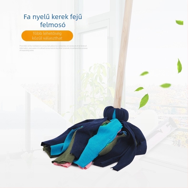 Régi stílusú felmosó fa nyéllel, fej gyapot szálból, nedvszívó velúr anyaggal, kerek fejű felmosó háztartási és szállodai használatra
