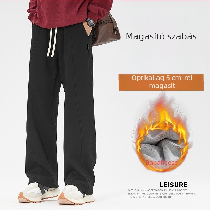 Férfi egyenes szárú nadrág ősz-télre, laza szabás, fleece-béléssel, casual sport nadrág