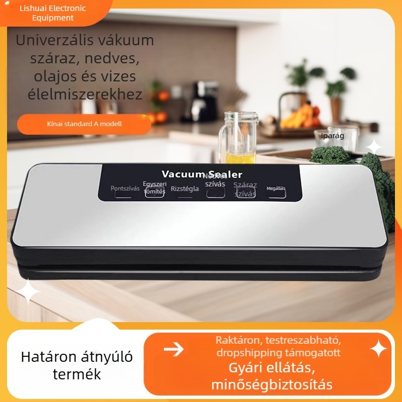 Élelmiszer vákuumcsomagoló gép, kis méretű, automatikus, erős szívás, ABS ház.