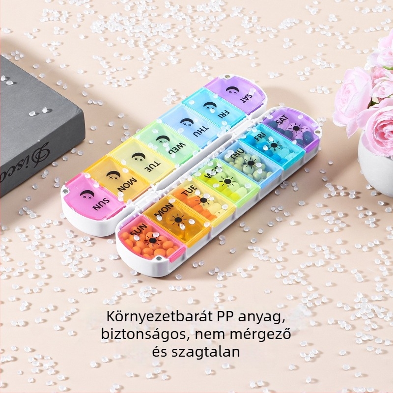 Kétsoros, 14 rekeszű gyógyszeres doboz, szivárvány színekben, heti gyógyszer szervező