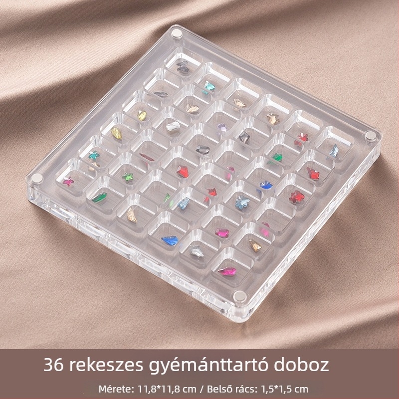 Akril körömdíszítéshez készült tároló doboz rekeszekkel, átlátszó, porálló fedél