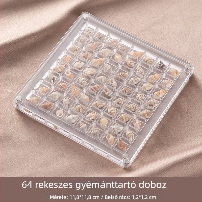 Akril körömdíszítéshez készült tároló doboz rekeszekkel, átlátszó, porálló fedél