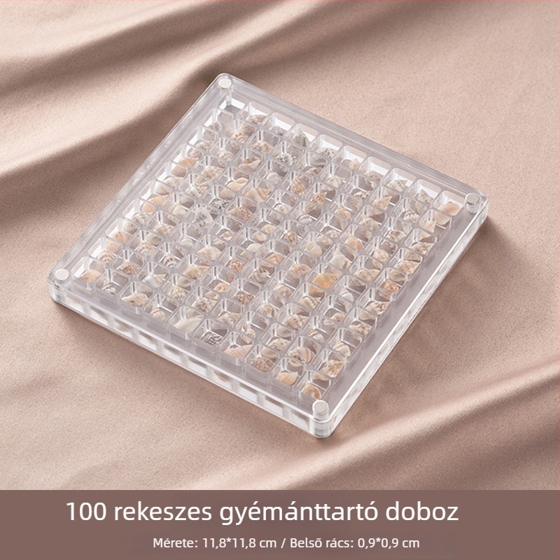 Akril körömdíszítéshez készült tároló doboz rekeszekkel, átlátszó, porálló fedél