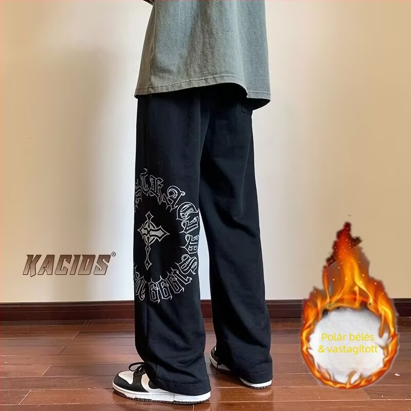 Férfi egyenes szabású, laza, hosszú nadrág, téli, széles szárú, fleece-béléssel, 8XL