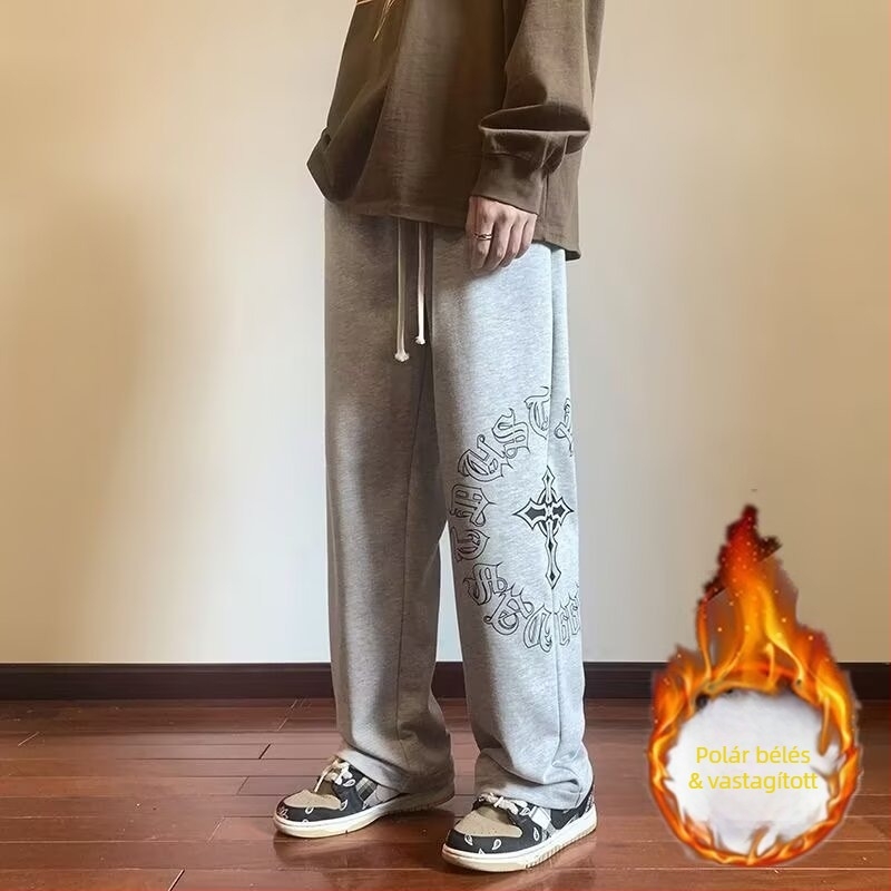 Férfi egyenes szabású, laza, hosszú nadrág, téli, széles szárú, fleece-béléssel, 8XL