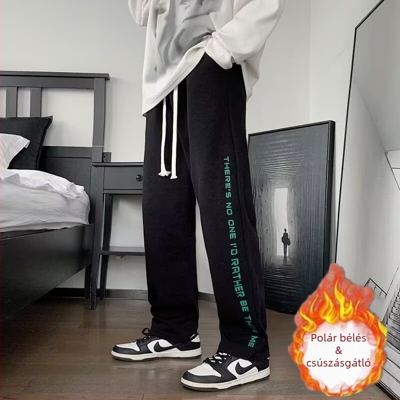 Férfi egyenes szabású, laza, hosszú nadrág, téli, széles szárú, fleece-béléssel, 8XL