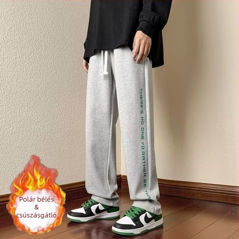 Férfi egyenes szabású, laza, hosszú nadrág, téli, széles szárú, fleece-béléssel, 8XL
