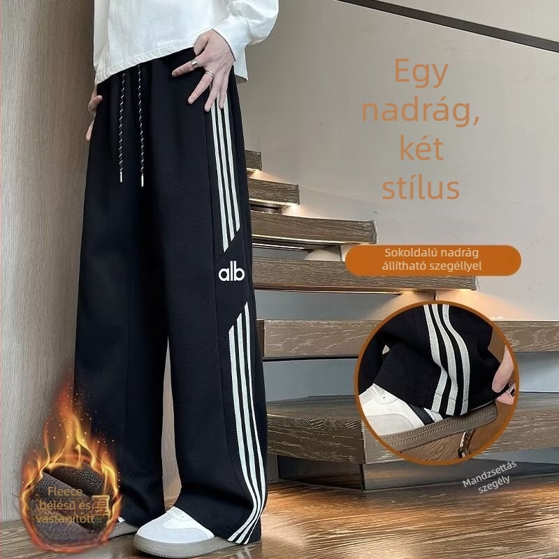 Férfi téli csíkos nadrág, lazán szabott derék, egyenes szabású, hétköznapi sportnadrág