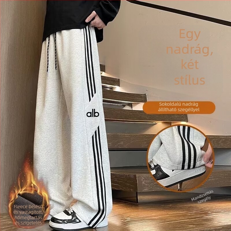 Férfi téli csíkos nadrág, lazán szabott derék, egyenes szabású, hétköznapi sportnadrág