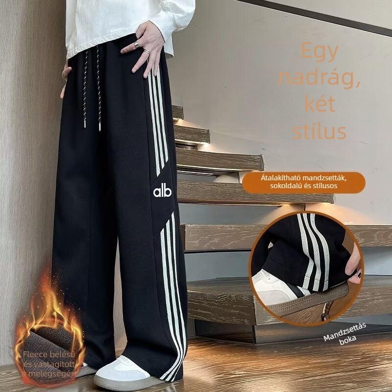 Férfi téli csíkos nadrág, lazán szabott derék, egyenes szabású, hétköznapi sportnadrág