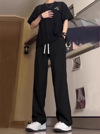 190 cm magasított téli fleece-sel bélelt sportos nadrág férfiaknak – egyenes szabás, laza viselet