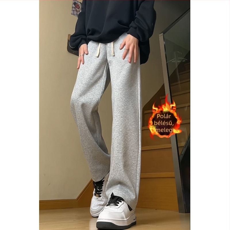 190 cm magasított téli fleece-sel bélelt sportos nadrág férfiaknak – egyenes szabás, laza viselet