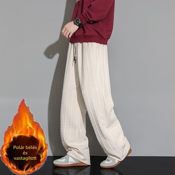 Férfiaknak szóló őszi-téli fleece jacquard nadrág, széles lábszár, lazán egyenes szabás, vastag