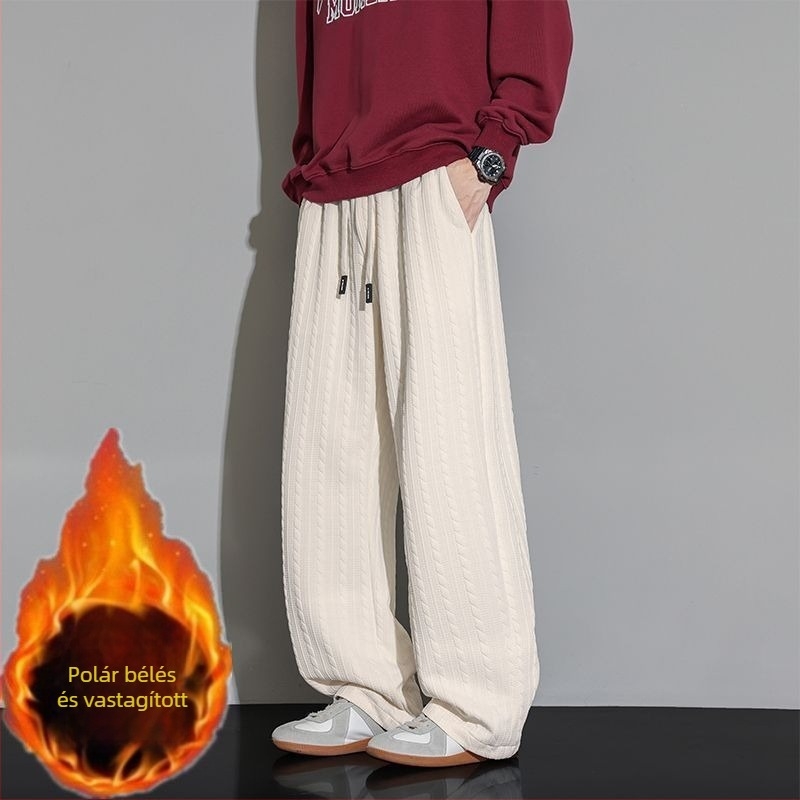 Férfiaknak szóló őszi-téli fleece jacquard nadrág, széles lábszár, lazán egyenes szabás, vastag