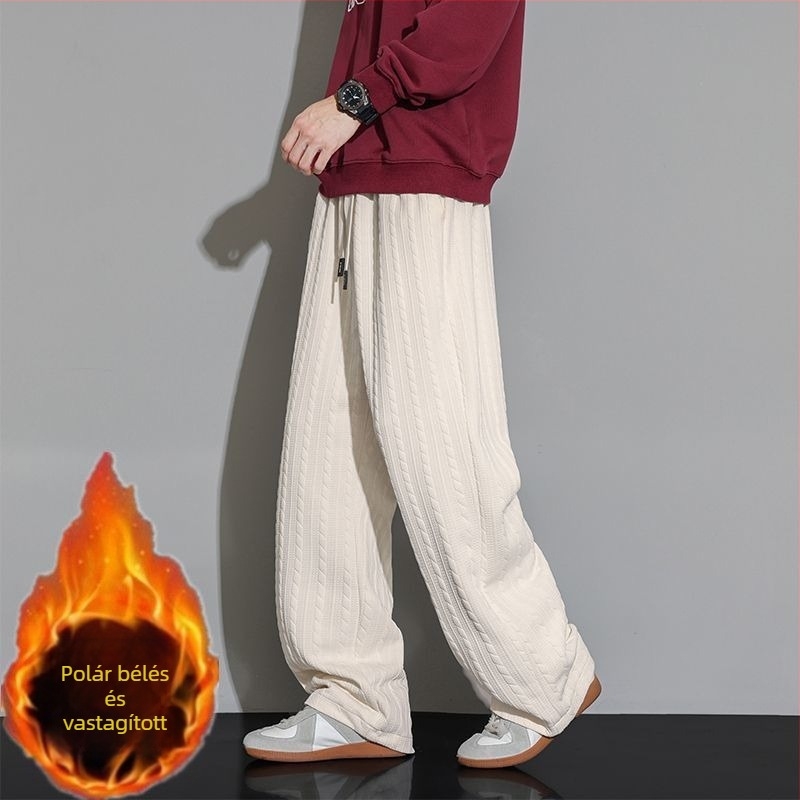 Férfiaknak szóló őszi-téli fleece jacquard nadrág, széles lábszár, lazán egyenes szabás, vastag