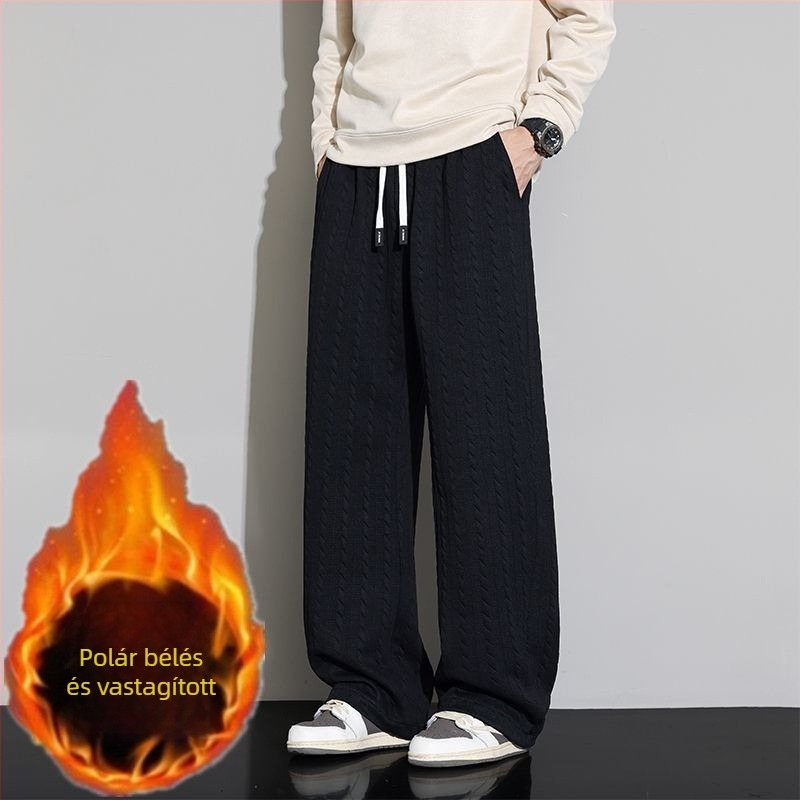 Férfiaknak szóló őszi-téli fleece jacquard nadrág, széles lábszár, lazán egyenes szabás, vastag