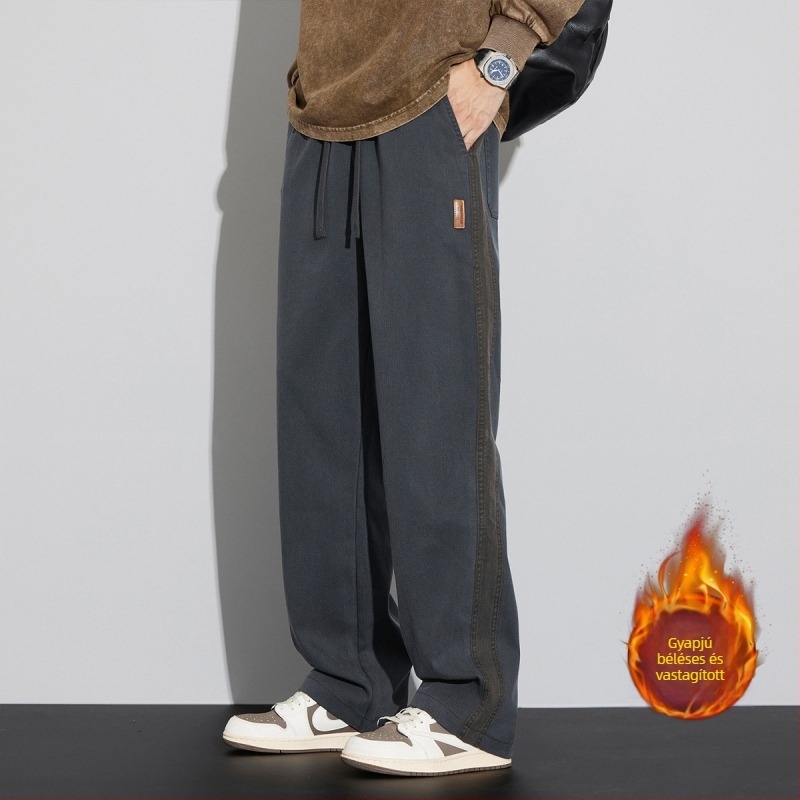 2025 Új férfi casual nadrág fleece-béléssel, ősz-télre, egyenes szabású, széles lábszárú, amerikai stílusú munkaruházat