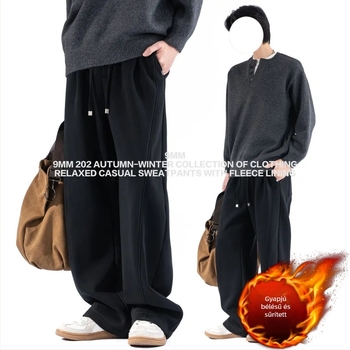 Téli fleece-bélelt vastag, széles lábú, laza sportnadrág kötőfűzővel, egyszínű, mosott felülettel