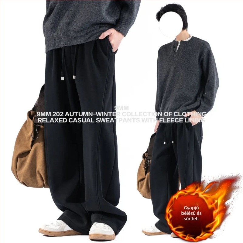 Téli fleece-bélelt vastag, széles lábú, laza sportnadrág kötőfűzővel, egyszínű, mosott felülettel