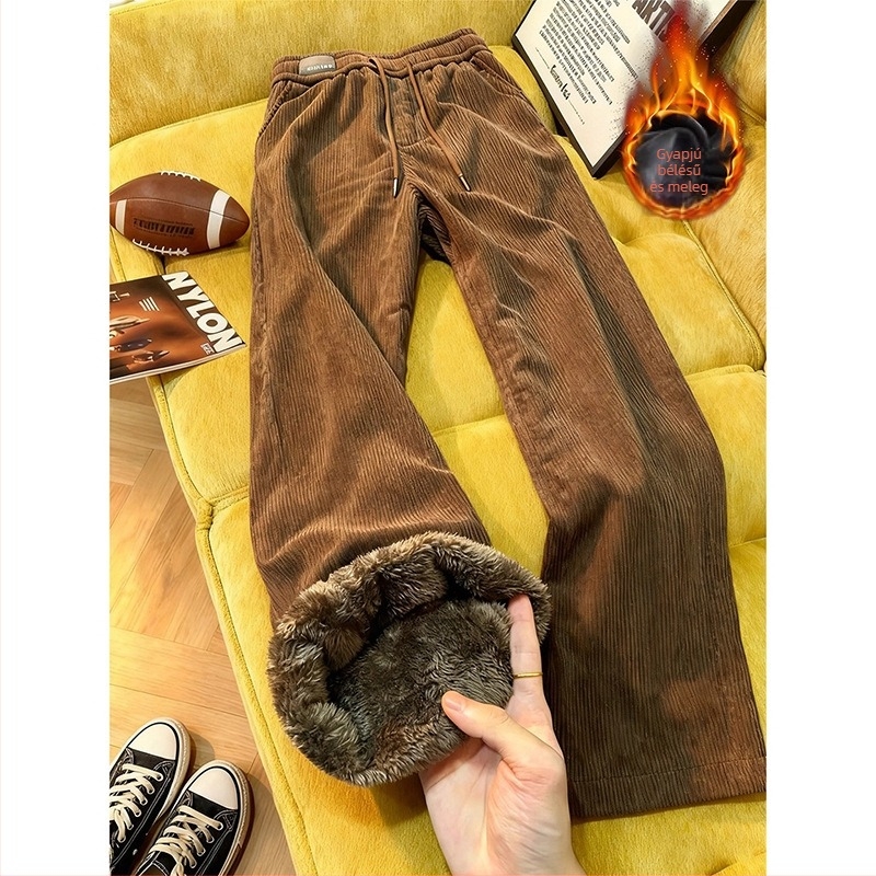 Férfi corduroy nadrág fleece béléssel, téli viselet, széles szárú