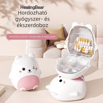 Mini hordozható gyógyszeres doboz, aranyos medve-karikatúra dizájnnal, ékszertároló funkcióval, öt rekeszes zárható utazási doboz