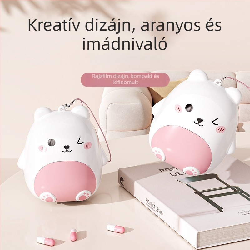 Mini hordozható gyógyszeres doboz, aranyos medve-karikatúra dizájnnal, ékszertároló funkcióval, öt rekeszes zárható utazási doboz