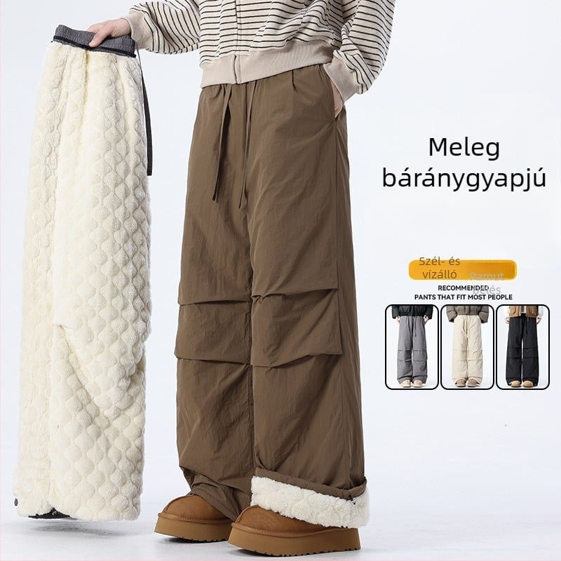 2025 Férfi őszi-téli nadrág ejtőernyős stílussal, nylon-keverék és fleece bélés, meleg, széles szárú