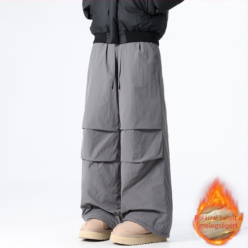 2025 Férfi őszi-téli nadrág ejtőernyős stílussal, nylon-keverék és fleece bélés, meleg, széles szárú