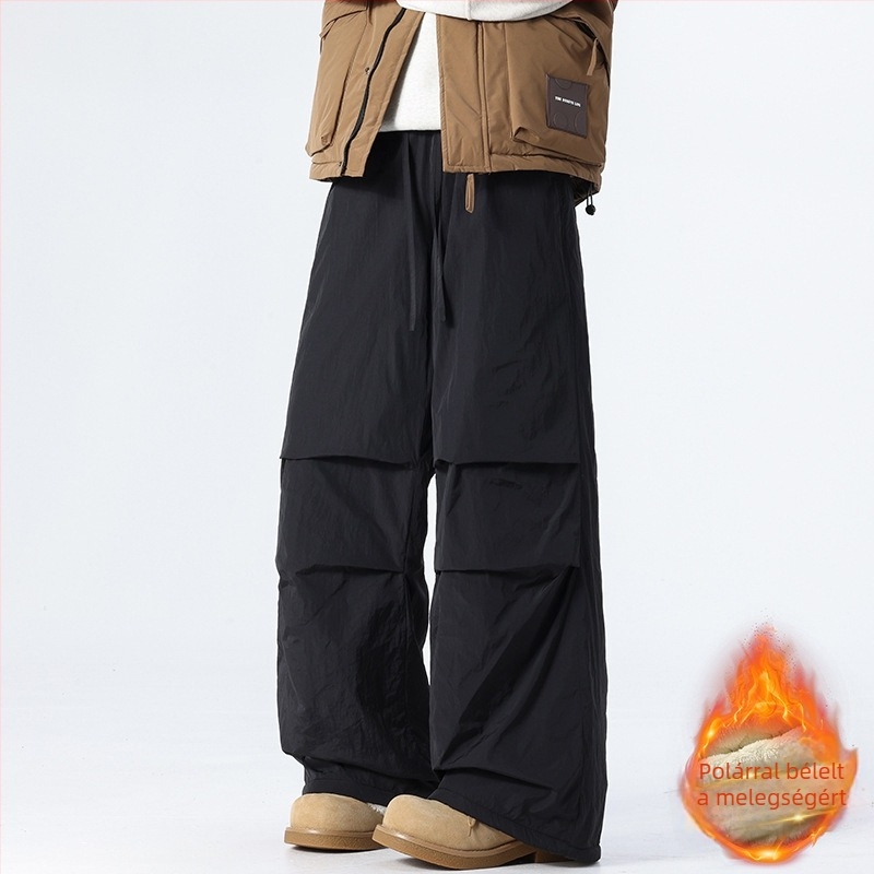 2025 Férfi őszi-téli nadrág ejtőernyős stílussal, nylon-keverék és fleece bélés, meleg, széles szárú