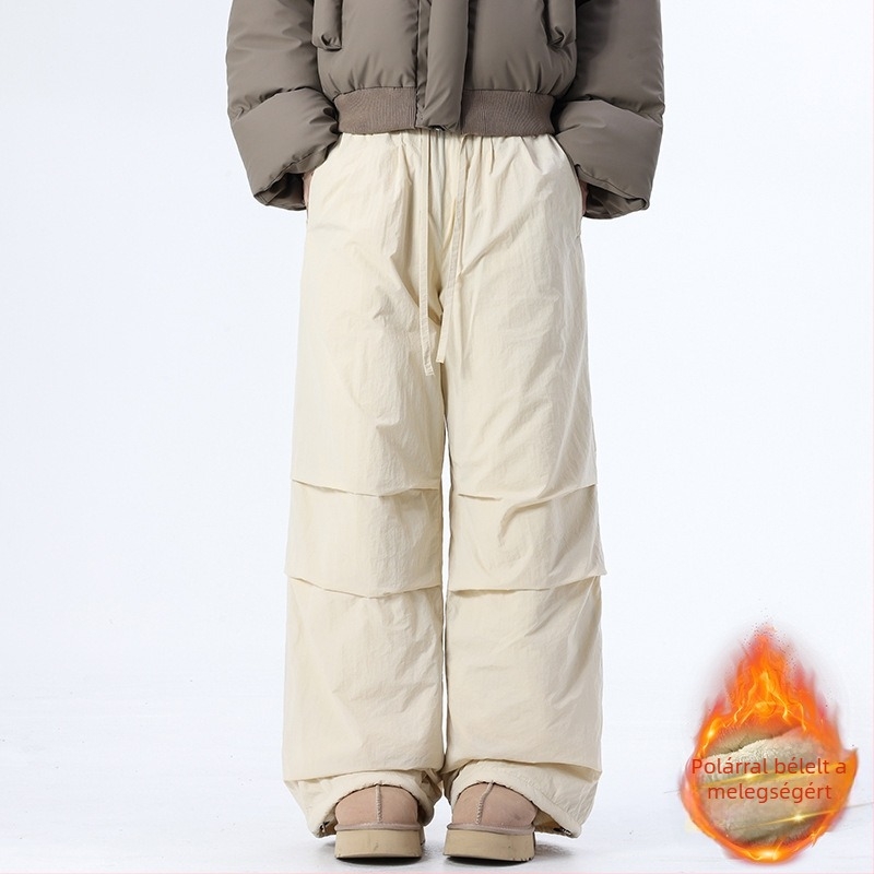 2025 Férfi őszi-téli nadrág ejtőernyős stílussal, nylon-keverék és fleece bélés, meleg, széles szárú