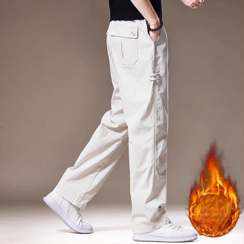 Férfiaknak készült fleece-belélt casual nadrág, tavasz–ősz, laza szabás, széles szárú, rövidített hosszúságú